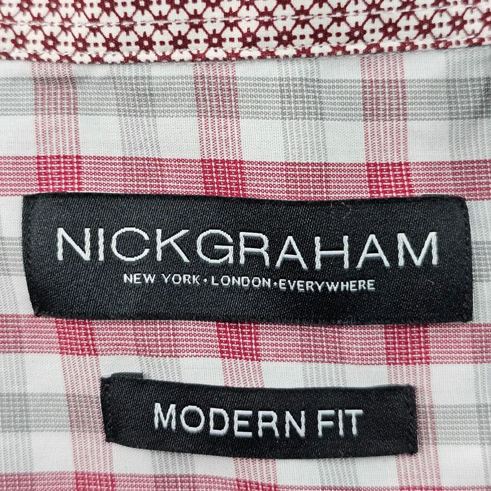 Nick Graham Dress Shirt Men's L Red Gray Gingham Modern Fit Collared Button Down